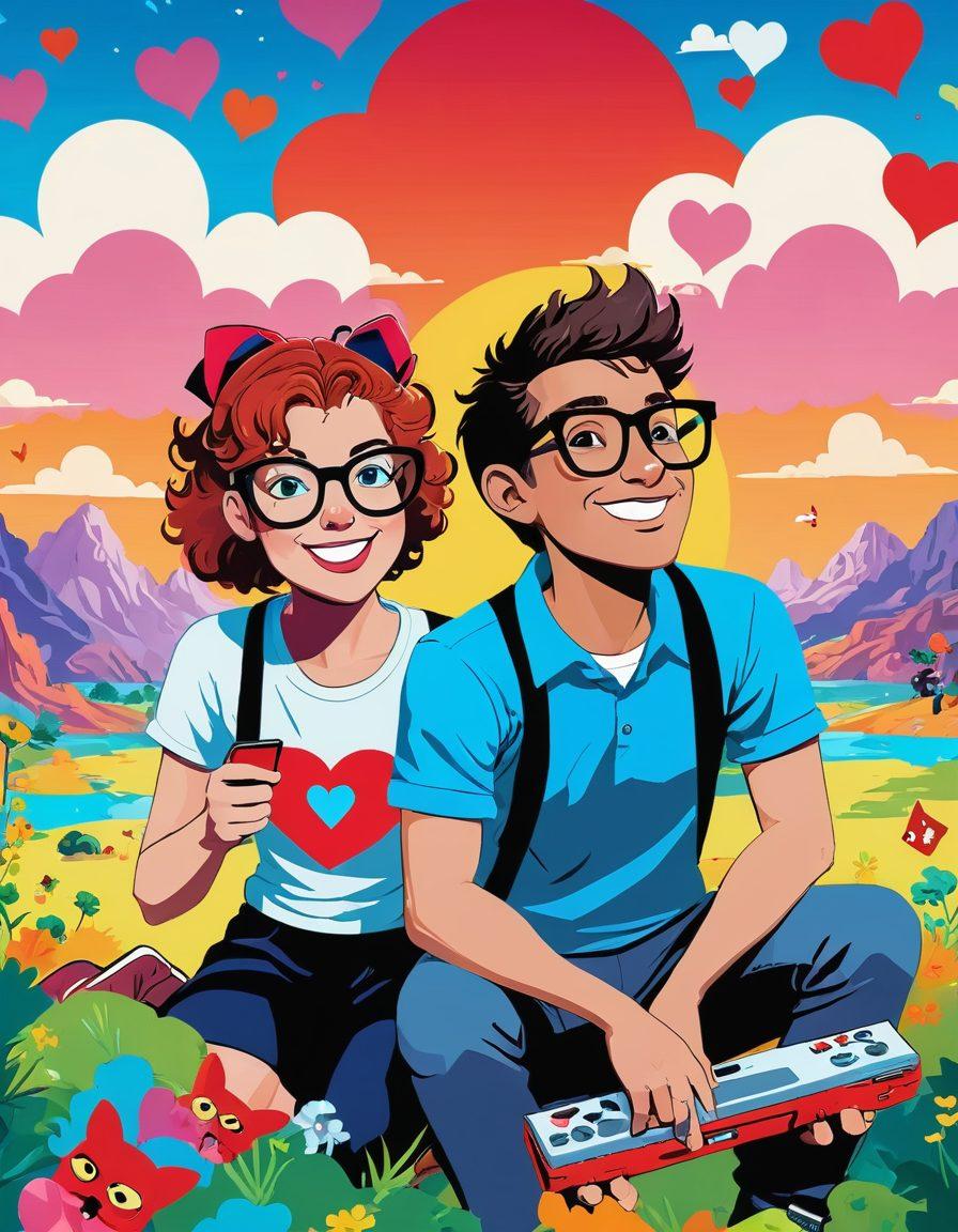 A whimsical illustration depicting a duo of quirky cartoon characters, one a comical nerd in oversized glasses and the other a vibrant, adventurous gamer, playfully interacting amidst a fantastical landscape filled with pixelated hearts, video game references, and colorful comic book-style speech bubbles. The scene conveys humor and the joy of geeky relationships. vibrant colors. cartoon style. upbeat background.