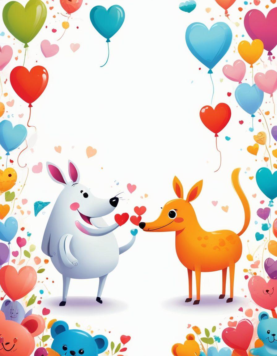 A whimsical scene depicting a couple sharing a hearty laugh, surrounded by playful cartoonish hearts and quirky characters like cheeky animals and comical objects. The background is bright and colorful, capturing the essence of joy and humor in love. The atmosphere is cheerful and lighthearted, inviting viewers into a world of laughter and affection. vector art. vibrant colors. white background.