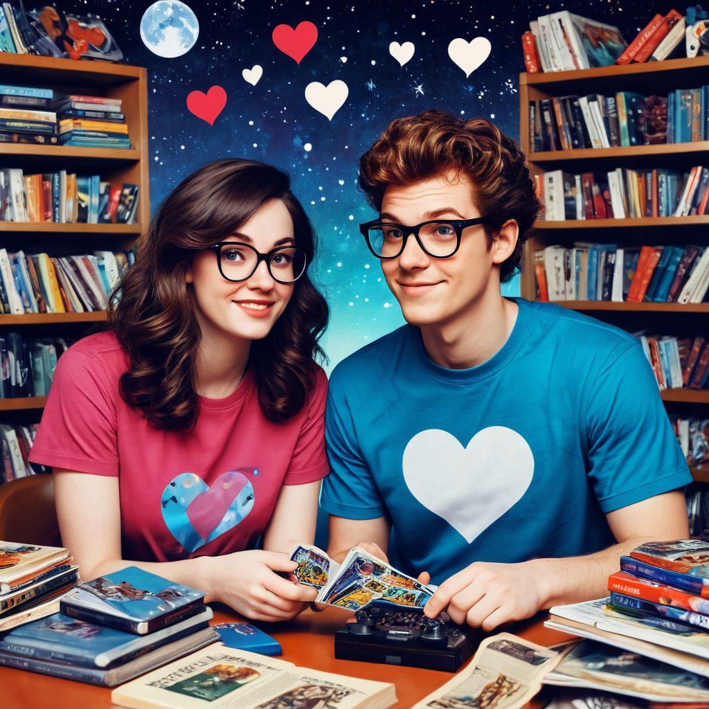 A whimsical illustration of two nerdy characters on a date, surrounded by comic books, board games, and sci-fi memorabilia. They share a playful moment, with one character wearing oversized glasses and a graphic tee, while the other sports quirky accessories. A backdrop featuring a galaxy and pixelated hearts adds a touch of romance. The scene radiates warmth and humor, capturing the essence of geek culture. colorful illustration. vibrant colors. playful style.